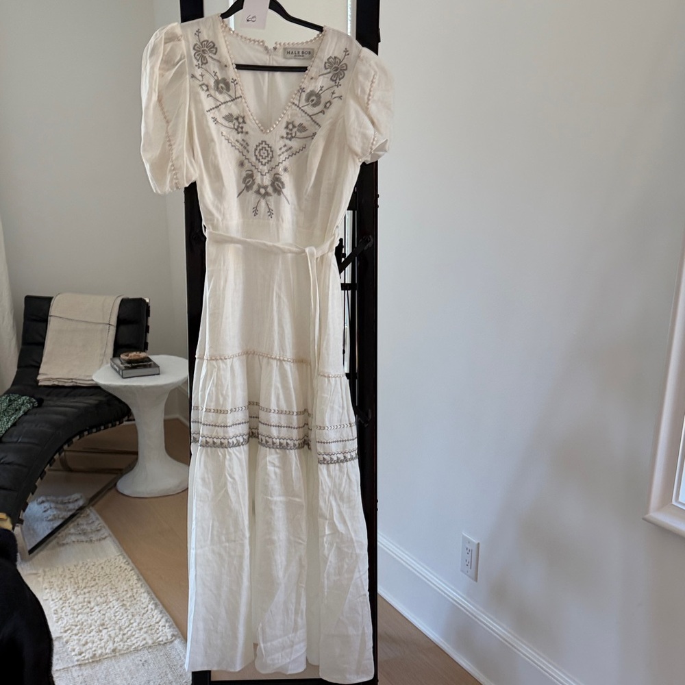 Hale Bob Cream Embroidered Puff-Sleeve Maxi Dress